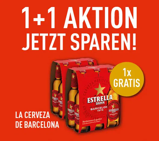 Estrella Damm 1 plus 1 Aktion (Cashback) – 1 Sixpack gratis sichern beim Kauf von 2