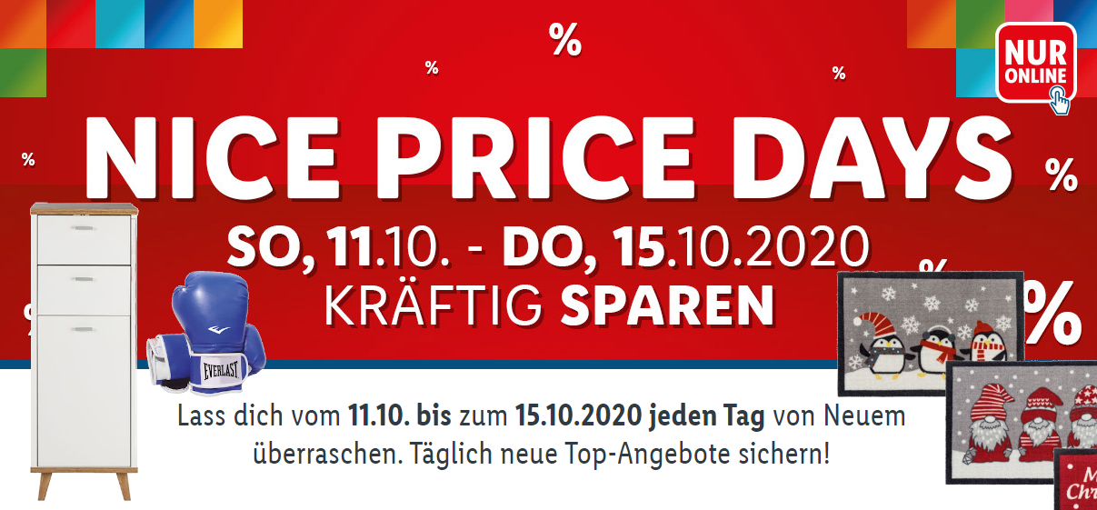 Lidl Nice Price Days – täglich wechselnde Rabatte &amp; versandkostenfrei bestellen ab 59€ MBW
