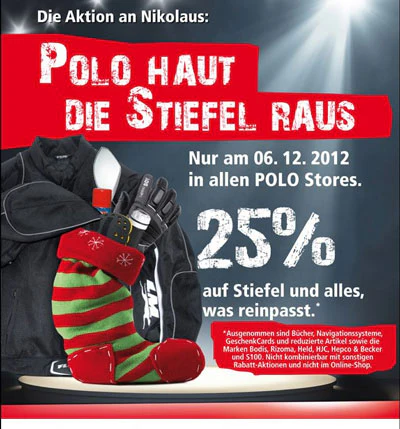 25% auf Motorrad-Stiefel und alles was reinpasst - Polo Aktion zum Nikolaus