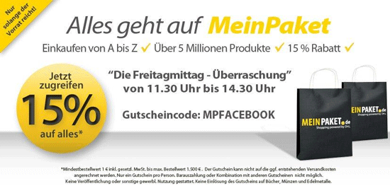 15% bei MeinPaket auf Alles von 1€-1500€ von 11:30 Uhr bis 14:30 Uhr
