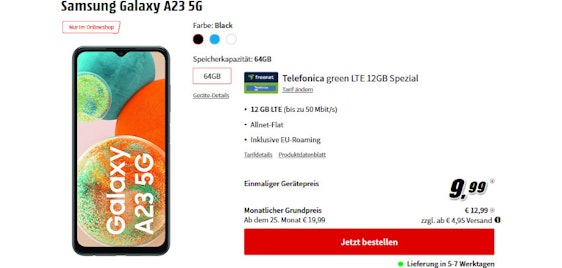 Samsung Galaxy A23 5G für einmalig 9,99€ im 12GB LTE o2 Tarif für 12,99€/Monat