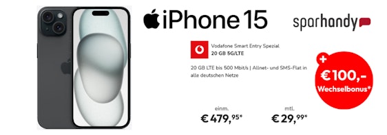 100€ Wechselbonus! 😱 iPhone 15 mit 20 GB 5G/LTE Vodafone-Allnet für 29,99€ mtl. (GigaKombi möglich)