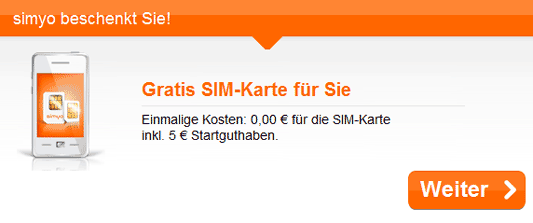 Genial - komplett kostenlose simyo Simkarte inkl. 5€ Startguthaben (+ 5€ Startguthaben mit microSIM)