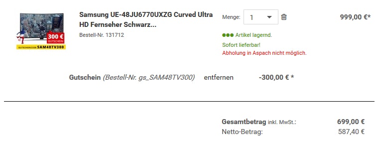 Warenkorb Comtech Samsung Curved TV