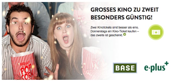 o2-Kinotag nun auch für Kunden von Base und E-Plus - 2-für-1-Kinokarte jeden Donnerstag