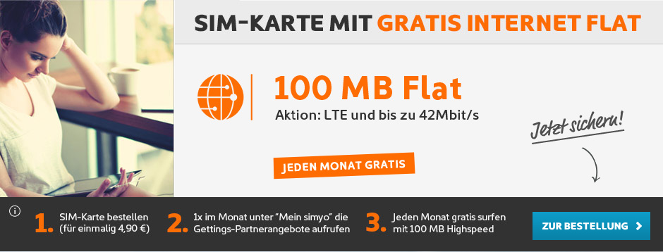 Kostenlose Internet-Flat (100 MB und LTE) + 5€ Startguthaben bei Simyo für einmalig 4,90€ *UPDATE*