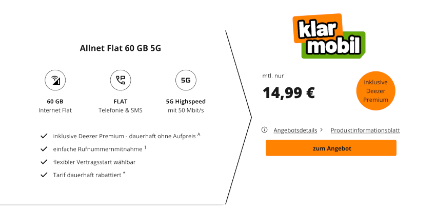 Deezer Premium (Family) kostenlos 🤩 60GB Klarmobil Telefonica Flat - einfache Rufnummernmitnahme &amp; flexibler Vertragsstart