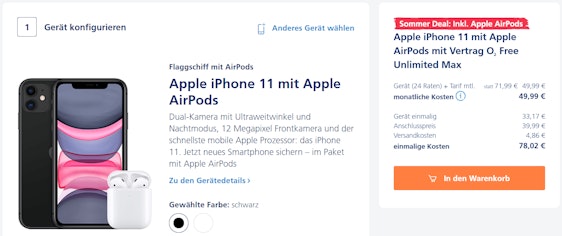 Apple iPhone 11 + Apple AirPods im o2 Free Unlimited für 53€ - unbegrenztes Datenvolumen mit 225 Mbit/s, Allnet- und SMS-Flat, EU-Roaming