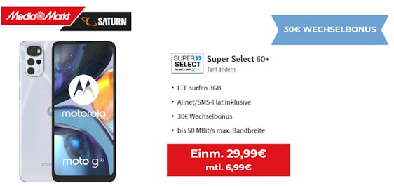 Motorola Moto G22 für 29,99€ - mit 3GB Allnet-Flat im o2-Netz für 6,99€ mtl.