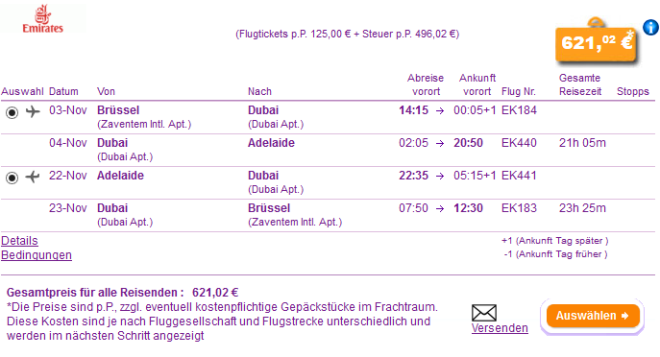 Flüge nach Australien (Adelaide) ab Brüssel für 621€