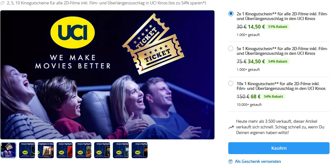 5x UCI Kinotickets für 35€ – nur für 2D-Filme inkl. Zuschlägen ...