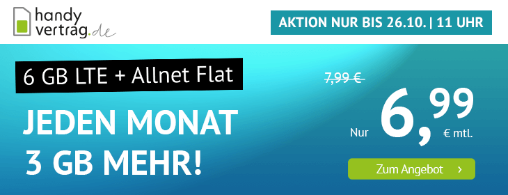Handyvertrag LTE All 3GB + 3GB EXTRA für 6,99€/Monat - 6GB LTE, Allnet- und SMS-Flat, EU-Roaming
