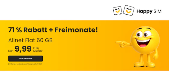 2 Monate GRATIS, 0€ Anschlusspreis 😏 Happy SIM Allnet-Flats inkl. 5G | z.B.: 60GB ab 9,16€ pro Monat