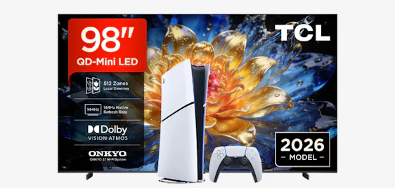 Geniales Heimkino-Bundle! 📺 TCL 98T8D 98" 4K QD-Mini LED TV + gratis PS5 Digital für nur 2.568€