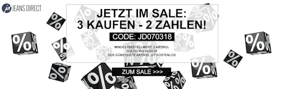 3 kaufen 2 zahlen bei Jeans Direct - gültig für alle reduzierten Sale-Artikel