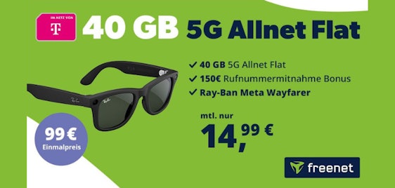 Smarte Sonnenbrille eff. GRATIS 😎 Ray-Ban Meta Wayfarer + 40GB Telekom Allnet-Flat für 14,99€ mtl.