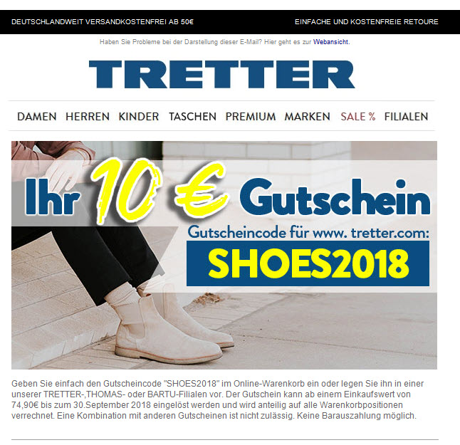 10€ Gutschein für Onlineshop Tretter