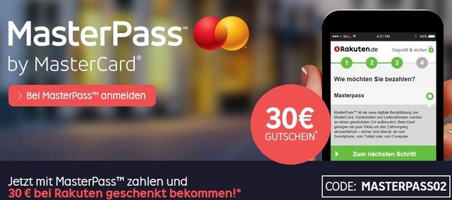 30 euro Rakuten-Gutschein bei 80 euro MBW bei Zahlung mit Masterpass