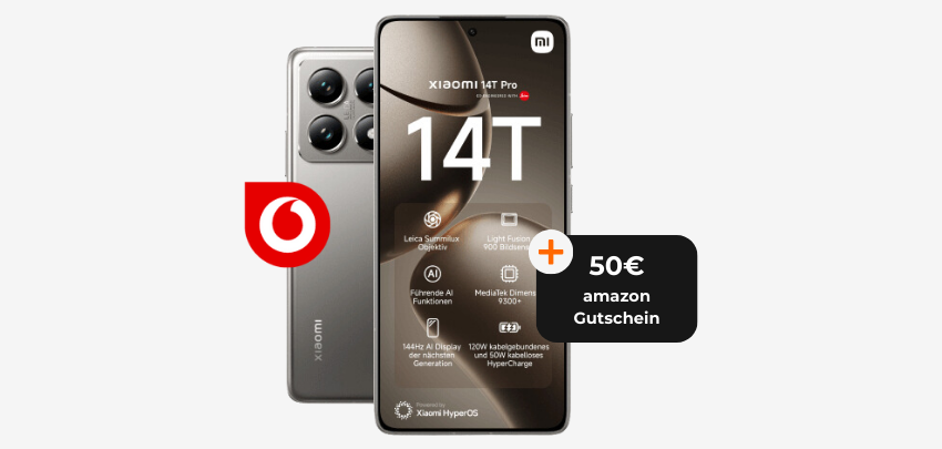 148€ Ersparnis! 🤯 Xiaomi 14T Pro + 50€ Amazon Gutschein - mit 20GB 5G Vodafone Allnet-Flat für 29,99€ mtl. 