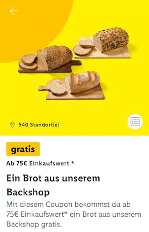 Gratis ein Brot aus dem Backshop (ab 75 Euro Einkaufswert) in der Lidl App!