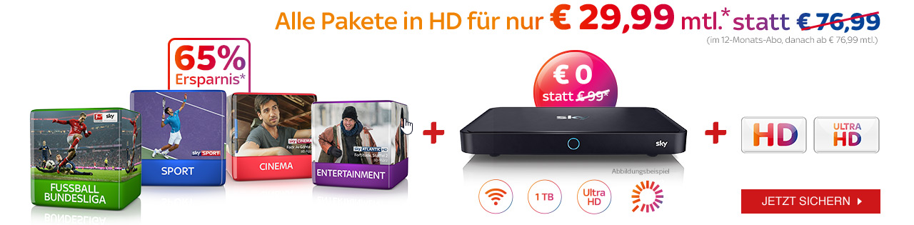 Sky Komplett für 29,99€ im Monat: Sky Entertainment + 3 Pakete + Ultra HD + Sky Go inkl. UHD-Receiver