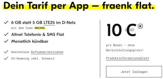 Bis zu 3 GB on top! Fraenk-Flat 5+2+1 GB im Telekom-Netz für 10€/Monat – 6+2 GB LTE 25, Allnet- & SMS-Flat, EU-Roaming, eSIM möglich