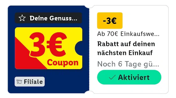 Gratis 3 Euro Rabatt auf den Einkauf (70 Euro Einkaufswert)in der Lidl App!