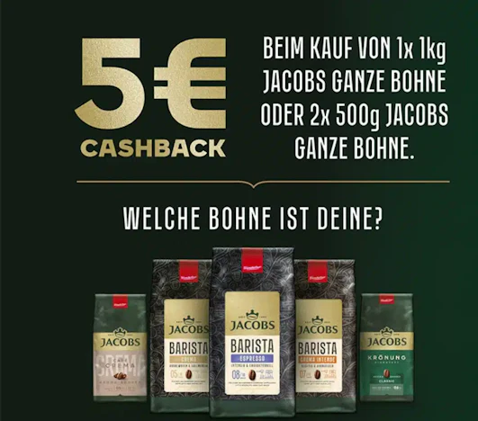 5 € Cashback beim Kauf von 1 kg Jacobs Ganze Bohnen