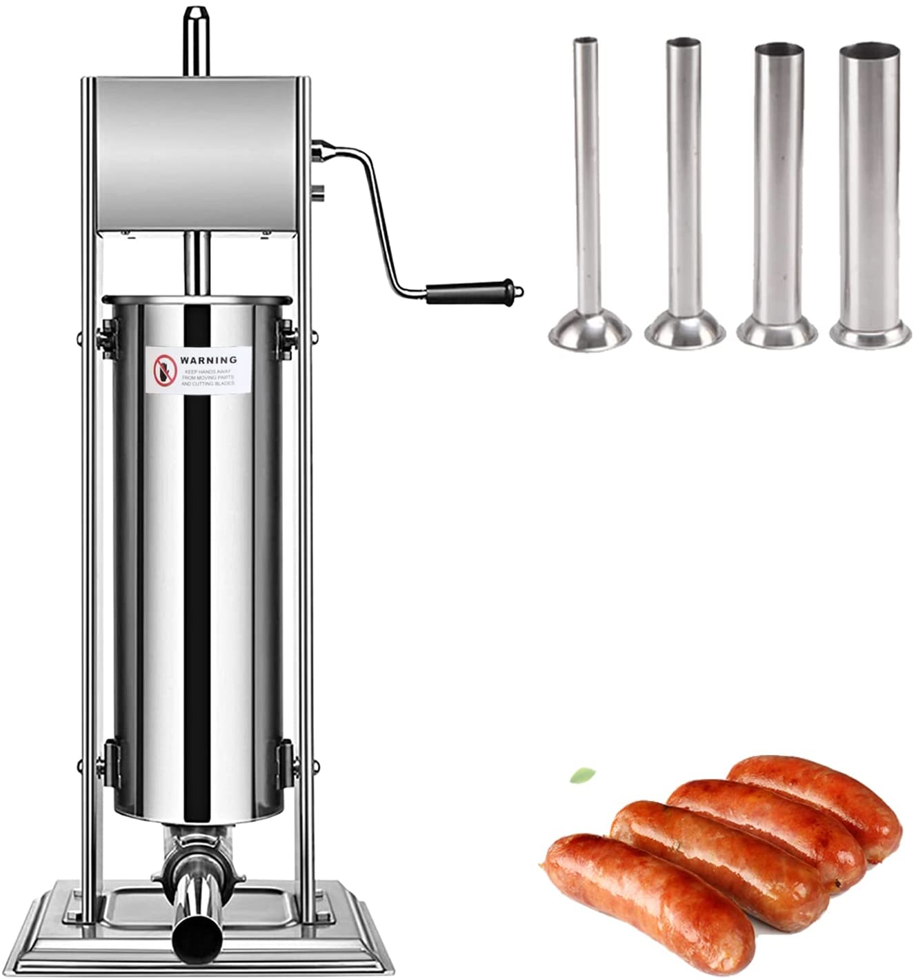 Fiqops 7L Manuell Wurstfüllmaschine mit Handkurbel und 4 Füllungstrichtern, 304 Edelstahl, 2-Gang-Getriebe