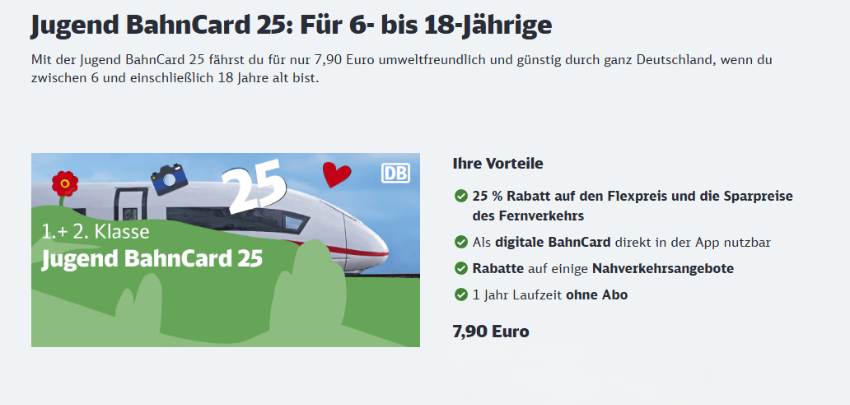 Günstig durch Deutschland! 🚄 Jugend BahnCard 25 für 6- bis 18-Jährige für nur 7,90€ 🎫