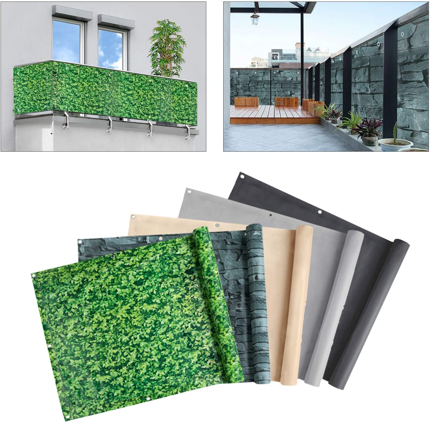 Karpal Balkon Sichtschutz mit UV-Schutz Kabelbinder Ösen, 0.75/0.9 x 600cm, Beige/Buchsbaum/Schiefer-Optik