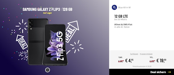 Neujahrsknaller - günstiger als bei idealo! 🤩 Samsung Galaxy Z Flip 3 5G (128GB) im o2 Blue All-In M für /Monat - 12 GB LTE50, Allnet- & SMS-Flat, EU-Roaming