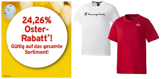 Nur noch heute! Oster-Rabatt bei Vorteilshop 👀 - 24,26% auf das gesamte Sortiment! z.B.: Kappa Unisex T-Shirt für 12€