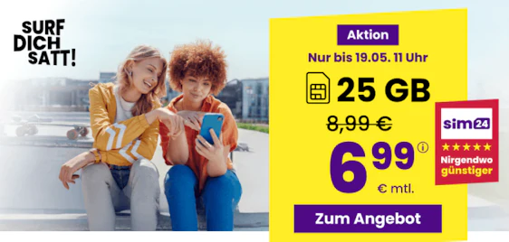 0€ Anschlusspreis 🚀 sim24 5G Allnet-Flats - 25GB nur 6,99€ mtl.