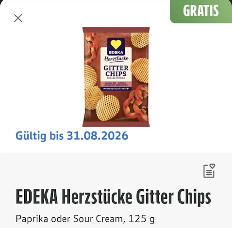 Edeka App (regional): Herzstücke Gitter Chips gratis (10 € MEW)