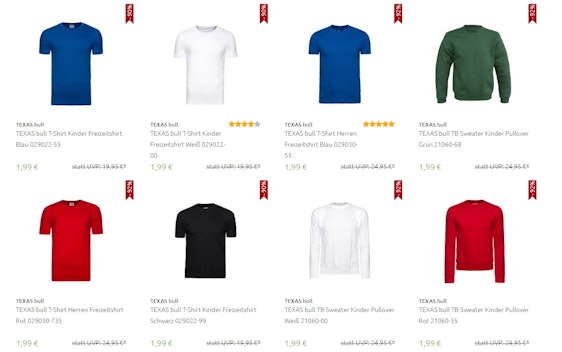 Texas Bull Kleidung für die ganze Familie von 1,99 € bis 7,99 € inkl. Versand! Über 4000 Teile