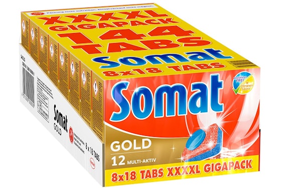 Somat 12 Gold 4XL Gigapack für 18€ - 8 x 18 Tabs, 2.880 kg Paket, 144 Stück