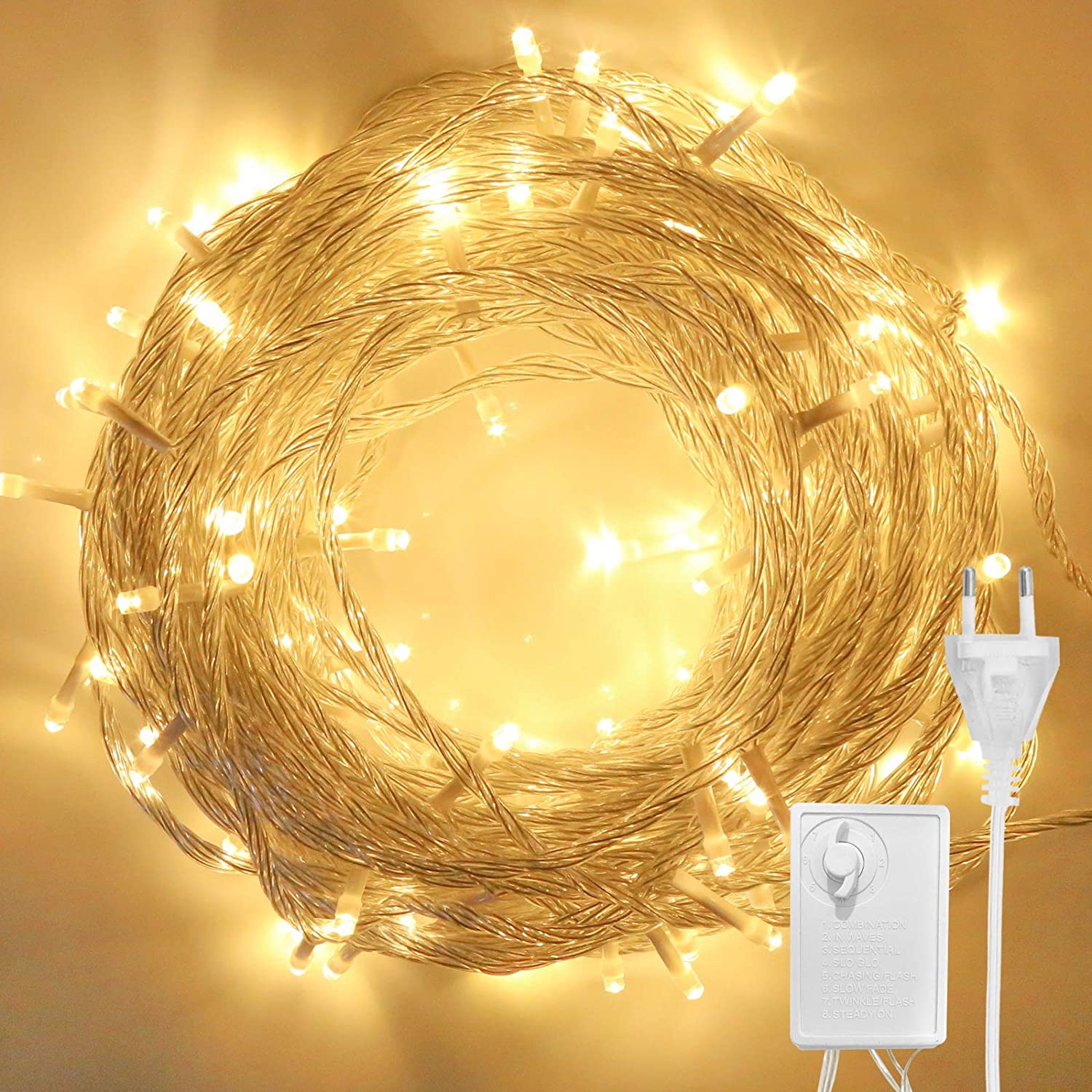 Hengda 100 LED Lichterkette 220V Warmweiß Innen und Aussen mit 8 Modi, 10M Durchsichtigen Kabeln, IP44 Wasserdicht