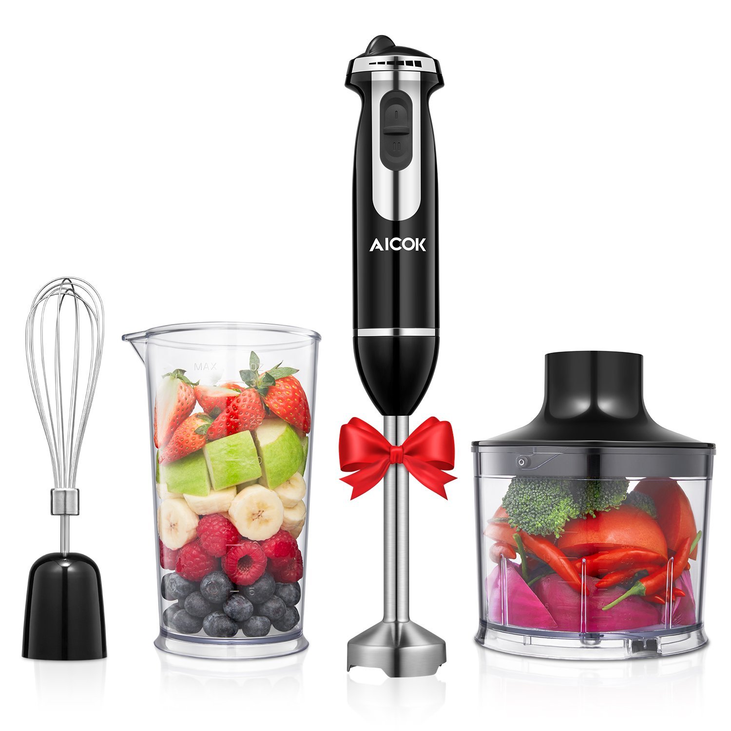 4-in-1 Stabmixer 800W mit 500ml Küchenmaschine-Aufsatz und 800ml Becherglas &amp; Schneebesen