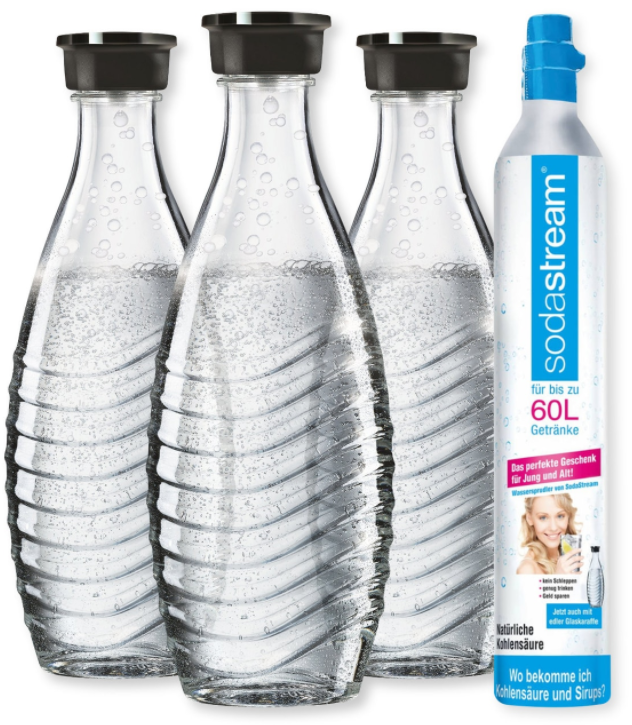 SodaStream 3 Glaskaraffen + CO2-Zylinder für 45€ – 3 x 0,6L Karaffe, für Crystal &amp; Penguin Wassersprudler, spülmaschinenfest
