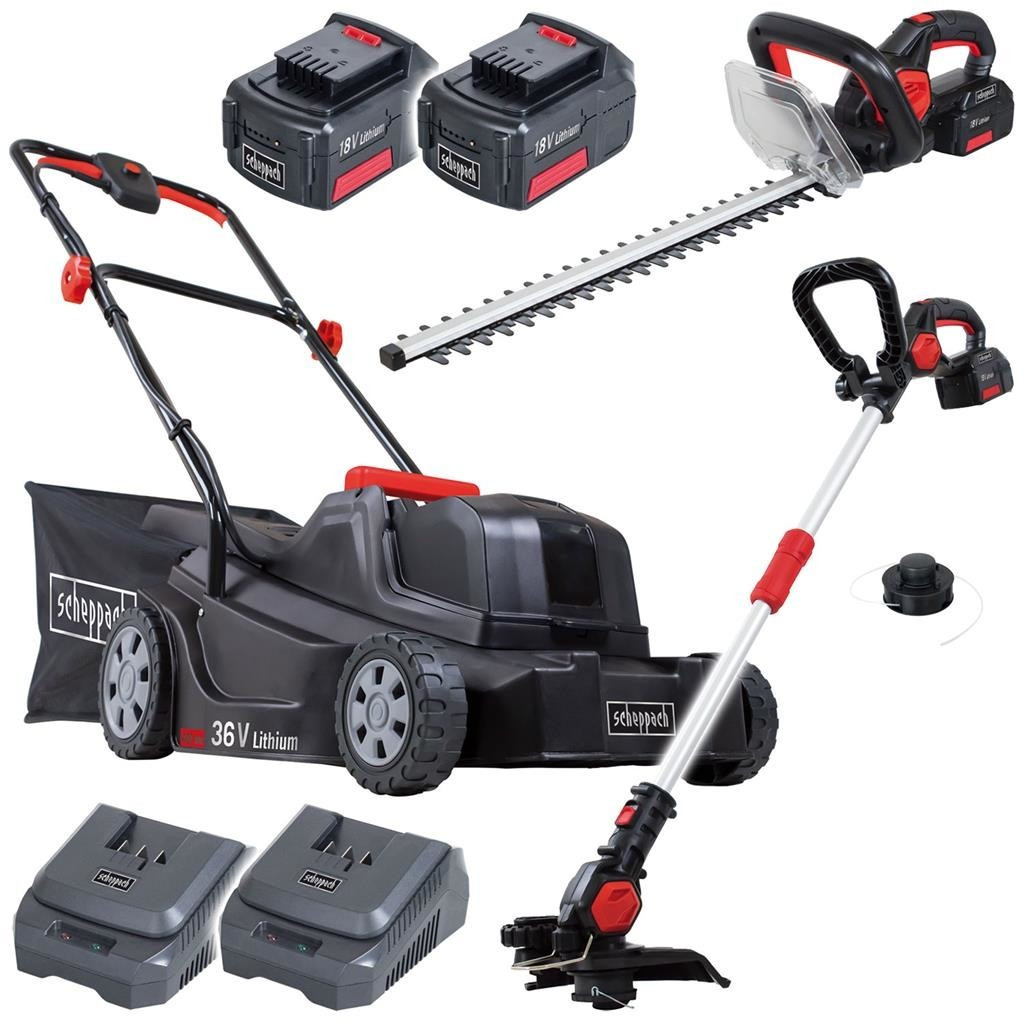 Scheppach Akku Gartenpflege-Set GS18-3Li für 206€ - Rasenmäher, Heckenschere, Trimmer mit 18V/4Ah