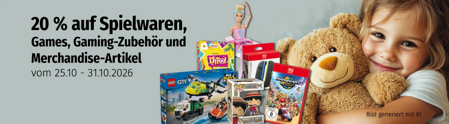 20% Spielwarenaktion vom 25.10. bis 31.10. Banner mit Kind und Spielsachen