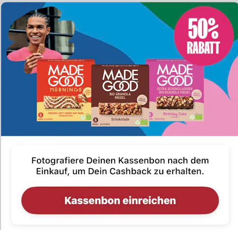 50% Cashback auf MadeGood Müsli- & Haferriegel Multipacks über Scondoo