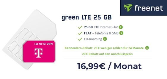 Über 50% Rabatt! Telekom green LTE Allnet-Flats bei Freenet » z.B. 25GB Flat für 16,99€ mtl.