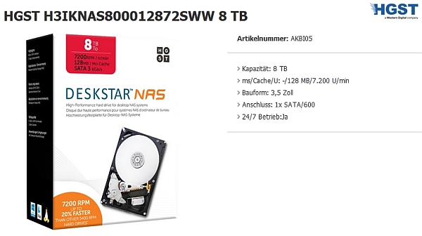 8TB HGST H3IKNAS800012872SWW für 225,89 EUR inkl. Versand