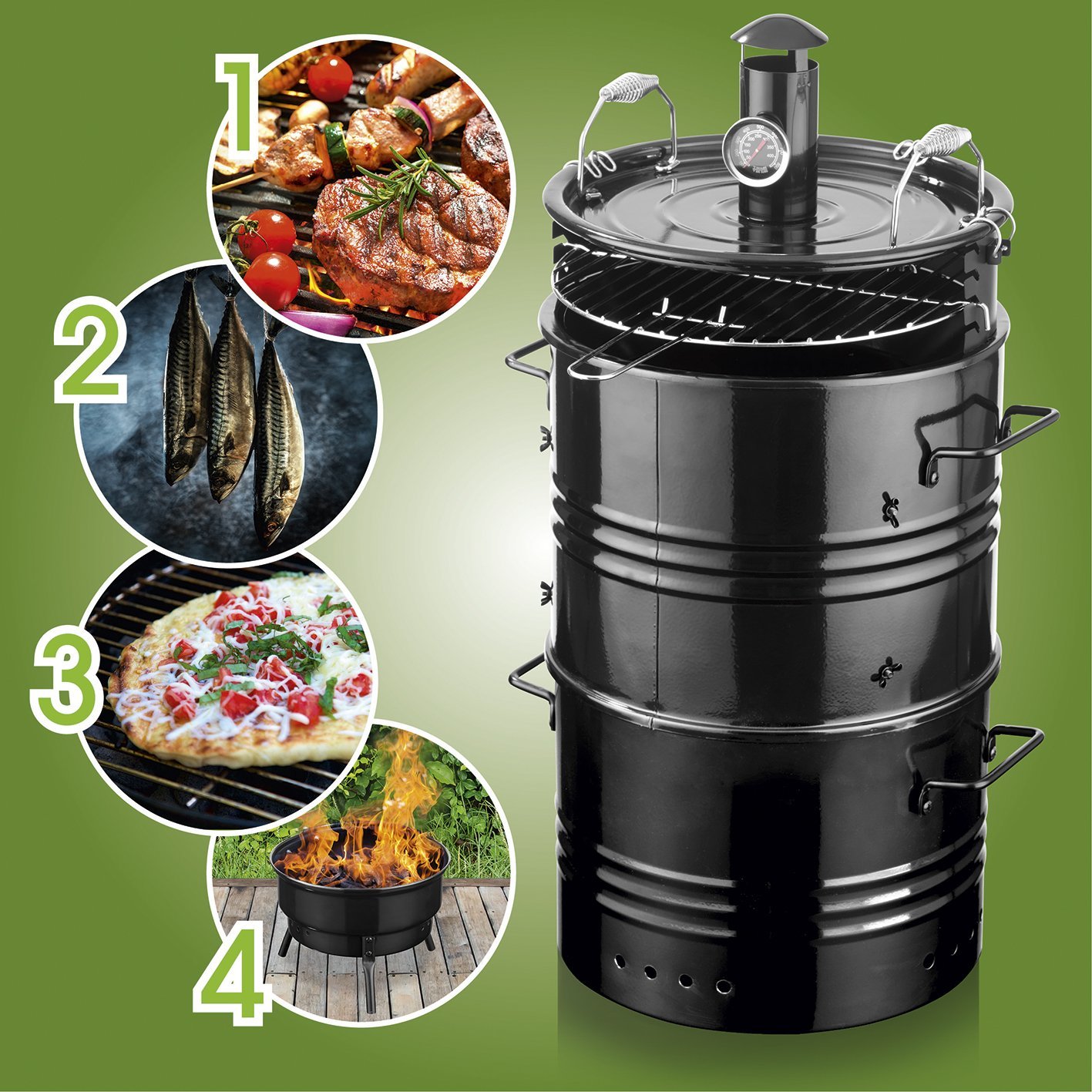 GOURMETmaxx 4 in 1 – Holzkohle Grill-Tonne, Smoker, Feuerschale und Back-Ofen für Pizza &amp; Co. mit Thermostat, und Grillrost