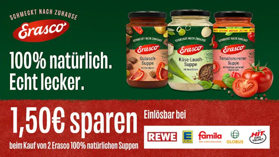 Scondoo: 1,50 € Cashback beim Kauf von 2 Erasco Suppen im Glas
