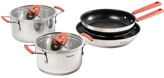 Tefal Optispace Set für 110€ - 2 Bratpfannen (24/28 cm) und 2 Edelstahltöpfe (18/20 cm) mit 2 flache Deckeln, für alle Herdarten