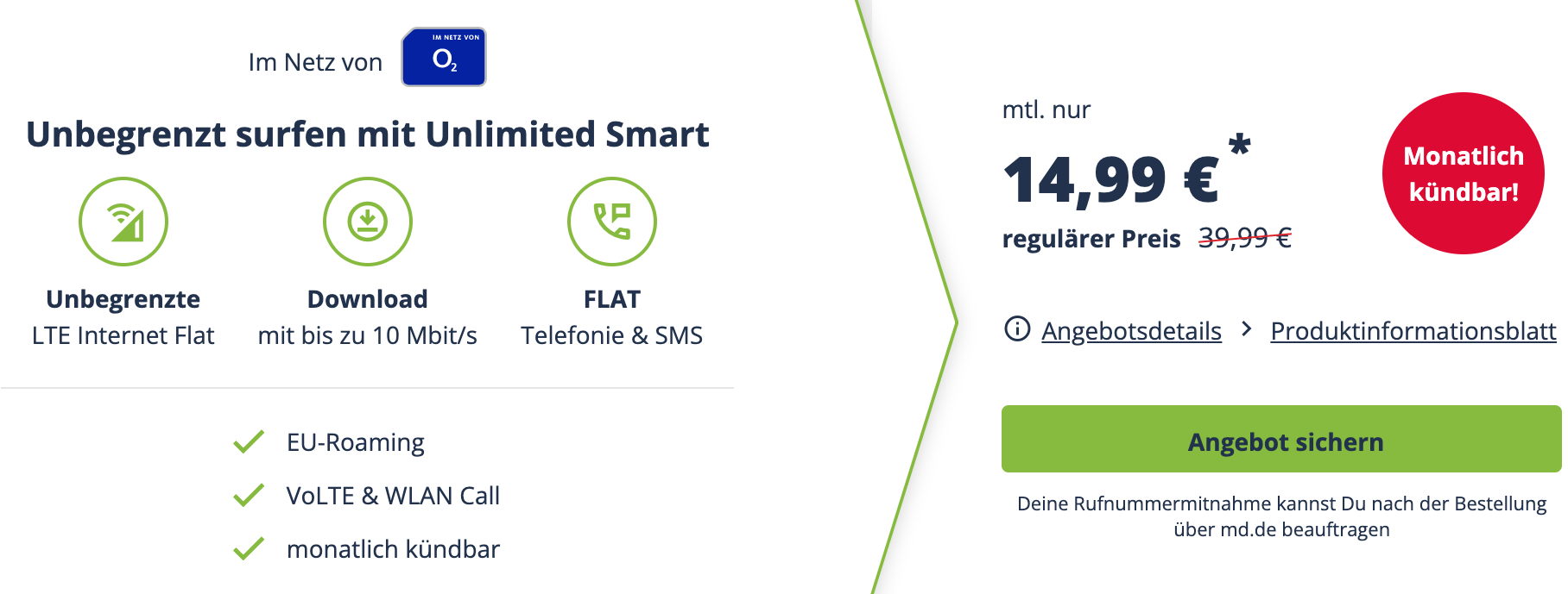 Letzte Chance! o2 Free Unlimited Smart für 14,99€ im Monat » unlimitiertes LTE-Datenvolumen, Allnet- und SMS-Flat, EU-Roaming 💥