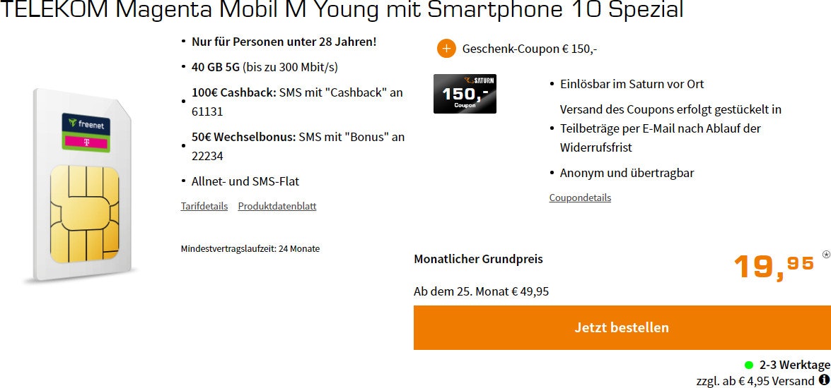 Magenta Mobil M Young Mit Handy Telekom Magenta Mobil M Young für 19,95€/Monat